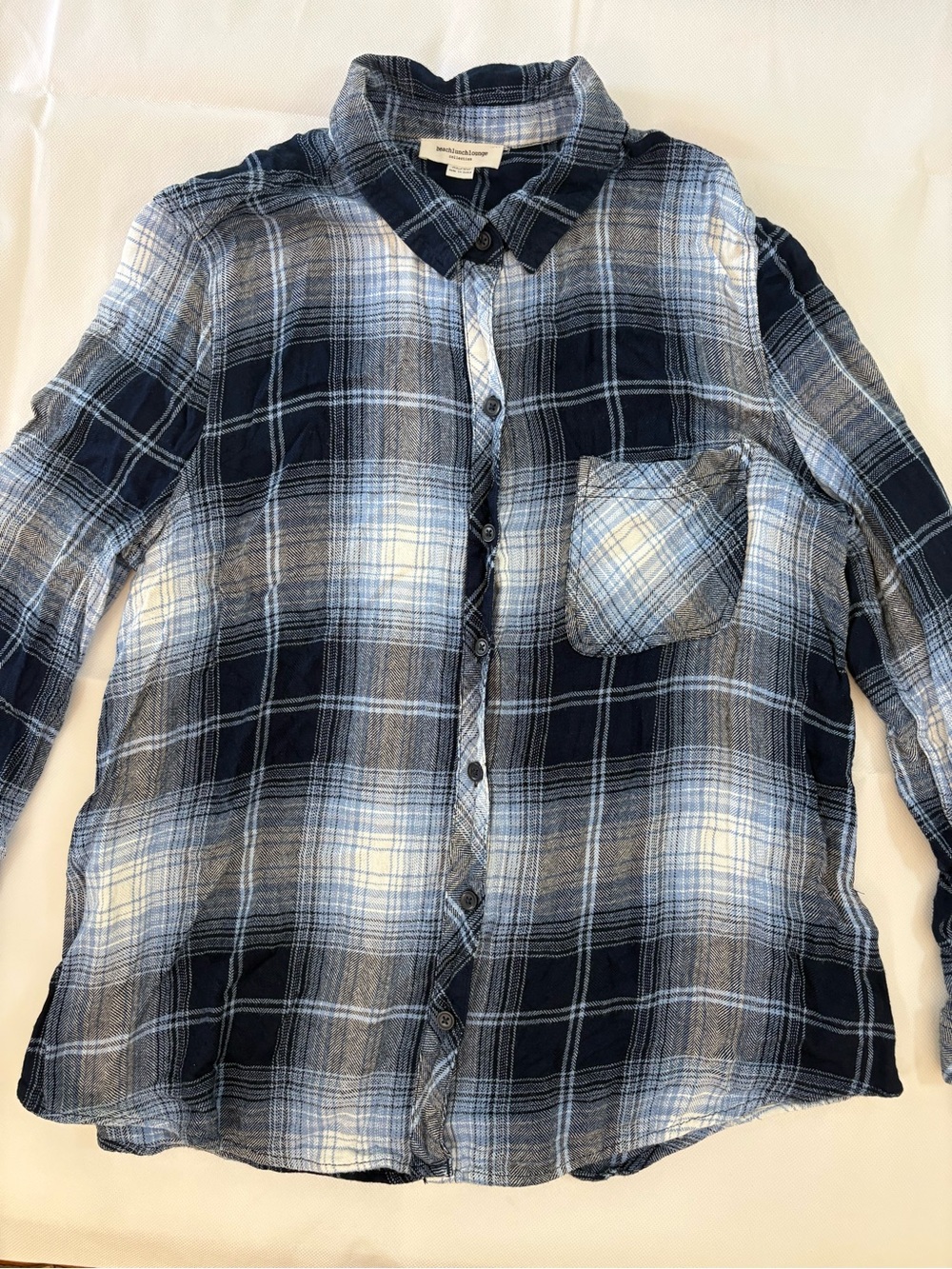 BeachLunchLounge Blue Plaid Button Front Shirt XL Soft Rayon Flannel Lightweight